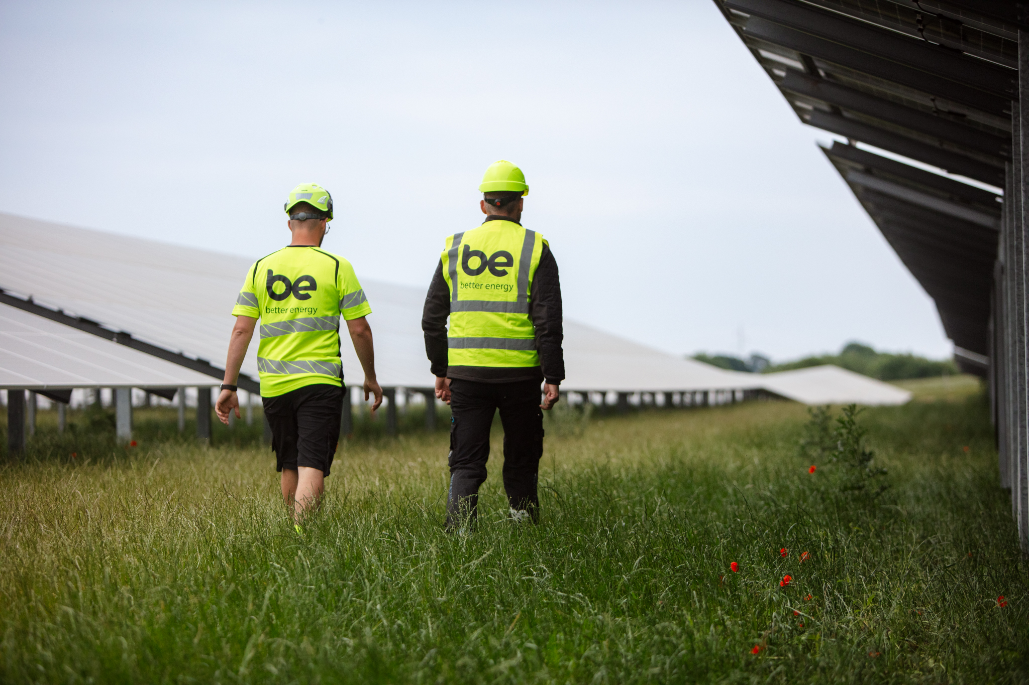 Two workers walking between solar panels